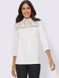 T-shirt col montant orné dentelle florale brodée