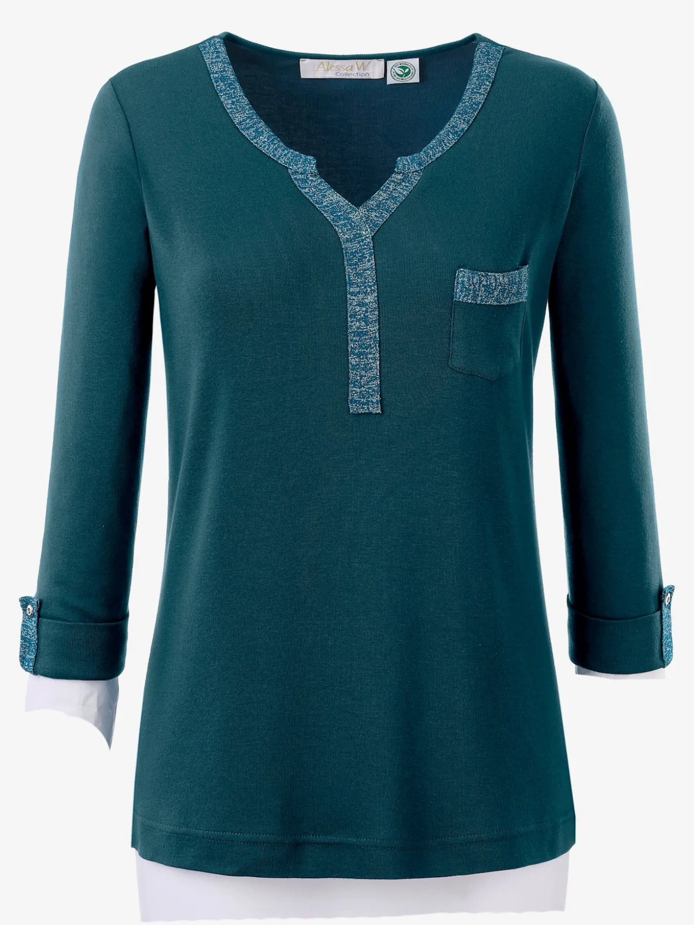 T-shirt col v imprimé manches 3/4 poche poitrine