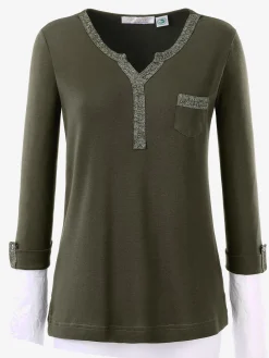 T-shirt col v imprimé manches 3/4 poche poitrine