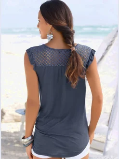 T-shirt de plage encolure avec fente et lien à nouer
