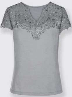 T-shirt empiècement en broderie anglaise manches courtes