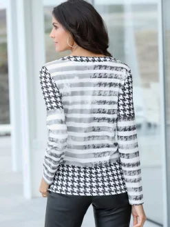 T-shirt imprimé empiècements pied-de-poule manches longues