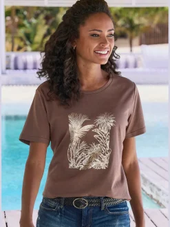T-shirt imprimé feuille brillant, doré et estival