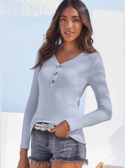 T-shirt manches longues petite patte de boutonnage avec boutons imitation corne