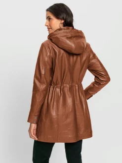 Veste en cuir capuche amovible avec empiècement imitation fourrure